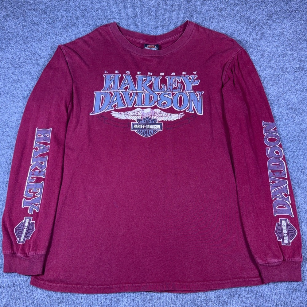 Harley Davidson Long Sleeve Shirt Mens Maroon Dubuque Iowa Graphic Tee L Y2K